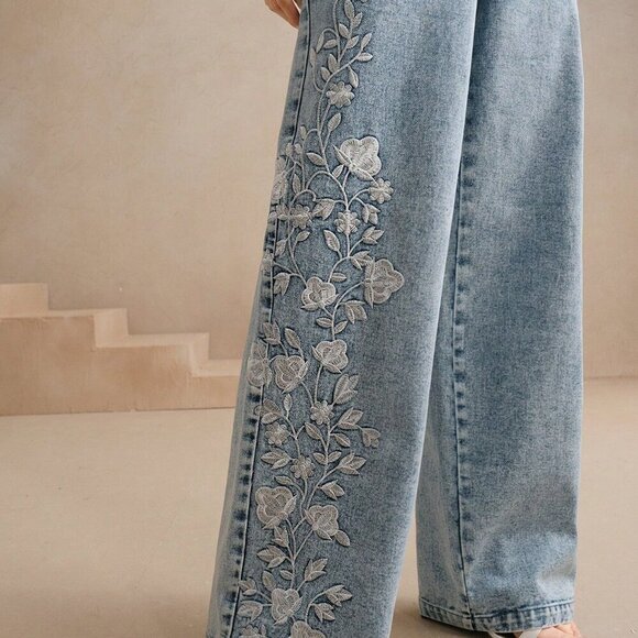 Blue Casual Women's Elegant Embroidered Floral Design Long Pants - Picture 1 of 6